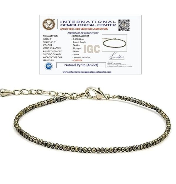 Certified Raw Pyrite Anklet For Women Stylish- Stone of Money, Protection & Power,…