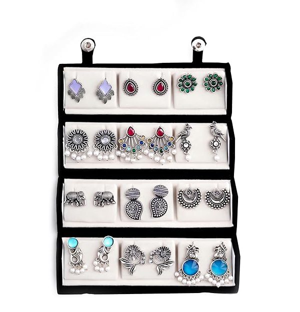 FUBS Oxidized Designer Stud Earrings Set of 12 with Folding Jewelry Box