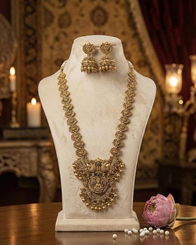 South Indian Traditional Antique Matte Gold Finish Goddess Lakshmi & Peacock Motif…