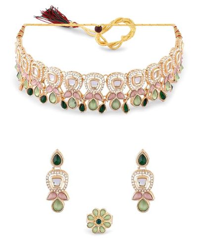 ZAVERI PEARLS Green Pink Stones Austrian Diamonds Embellished Choker Necklace Earring…