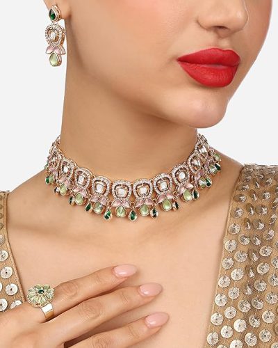 ZAVERI PEARLS Green Pink Stones Austrian Diamonds Embellished Choker Necklace Earring…