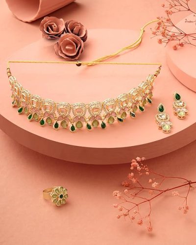 ZAVERI PEARLS Green Pink Stones Austrian Diamonds Embellished Choker Necklace Earring…